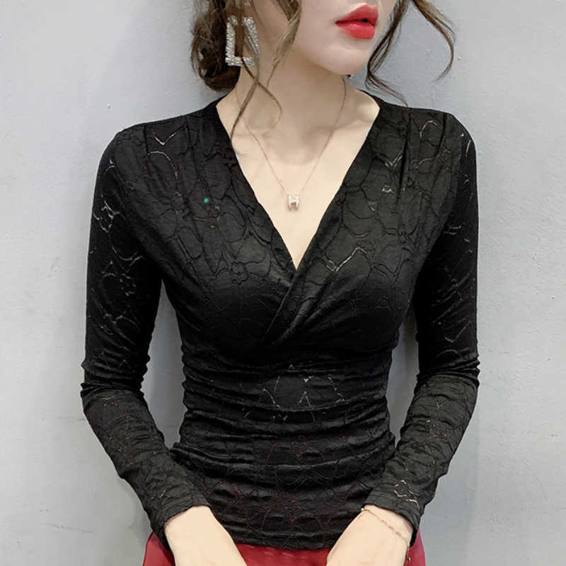 

Fashion Woman Blouses Sexy Slim V-neck Blouse Shirt Women Clothes Womens Tops And Blouses Long Sleeve Blouse Women C857 210602, Black