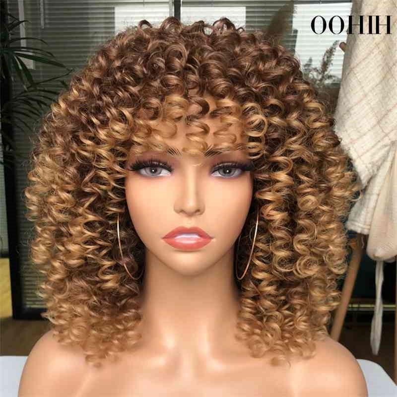 

Wig Afro Kinky Curly With Bangs Short Synthetic Wigs For Black Women Omber Brown Blonde Glueless Cosplay Hair High Temperature, 1b-39a