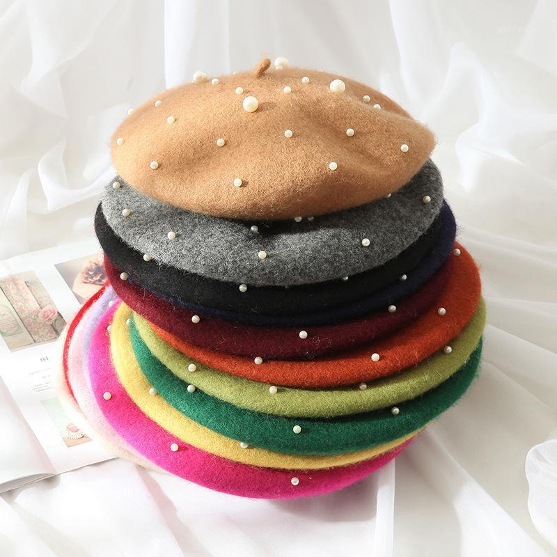 

Berets Fashion Retro Women Girls Caps Lovely Pearl Beanies Hats Spring Autumn Winter Lady Vintage Cap, Black 02