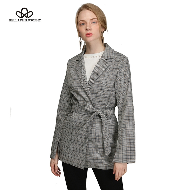 

Spring Women Vintage Jacket Long Split Sleeve Bow Sashes Female Plaid Blazer Loose Office Lady Feminino 210519, Khaki