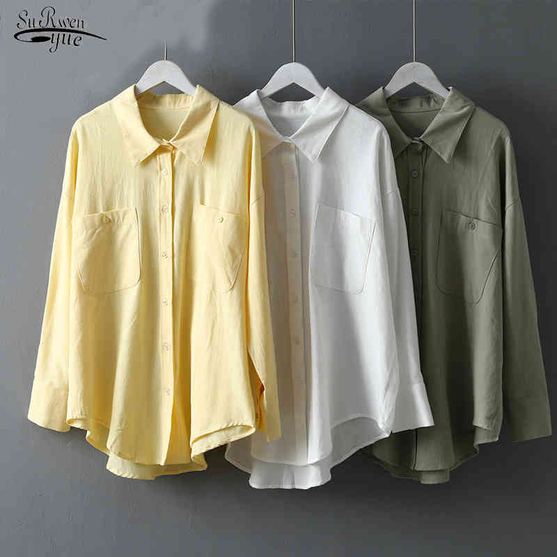 Chemises de cardigan à bouton de coton à manches longues automniques Femmes Femmes plus taille lâche décontractée Blouse solide Blusas Mujer 1010