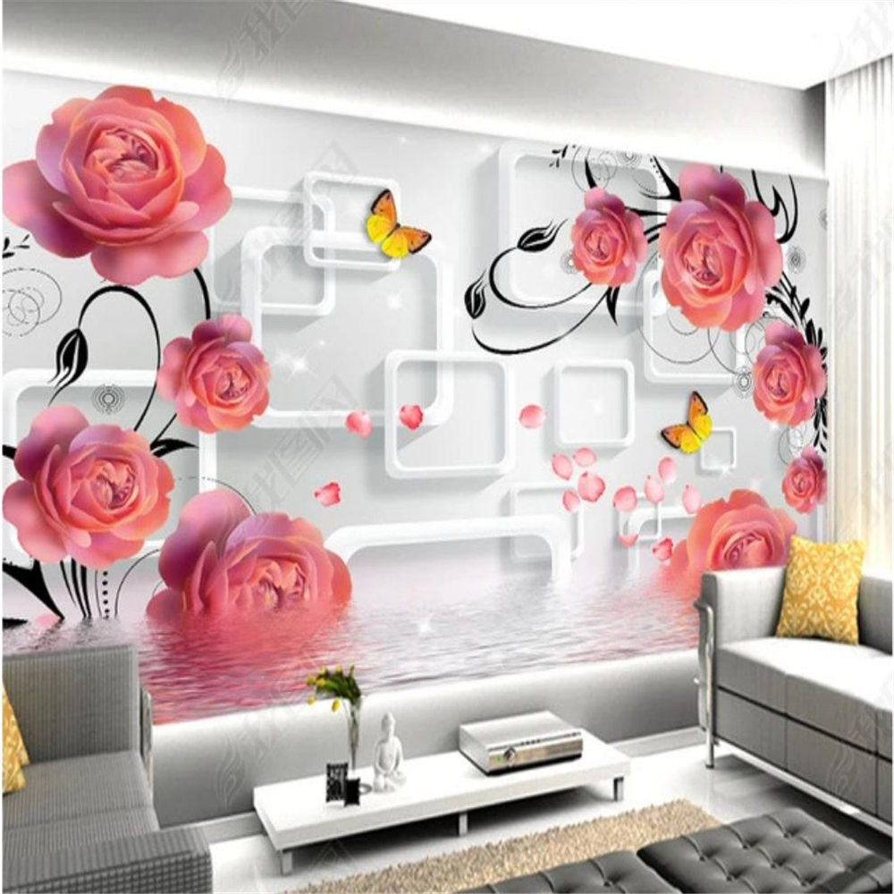 

classic painting wallpaper Red Rose Romantic Flower wallpapers Transparent Box Stereo 3D Background Wall, Pink