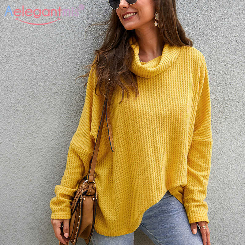 

Aelegantmis Autumn Winter Loose Turtleneck Knitted Sweater Women Long Sleeve Knitting Pullover Ladies Casual Jumper 210607, Yellow