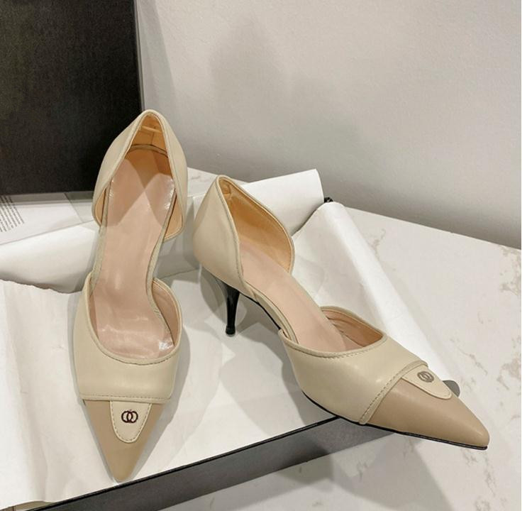 

Spring summer new Splicing color thin high heel shoes rhinestones pointed female shallow mouth single French hollow out high heels women sandal Luxury design