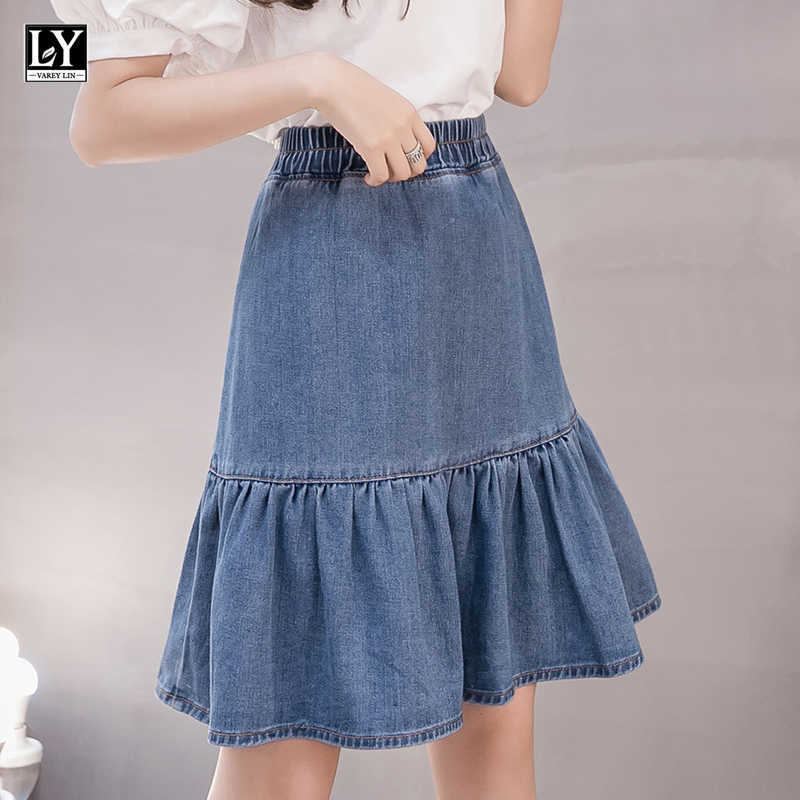 

LY VAREY LIN Spring Summer Women Casual Ruffles Blue Denim Skirts Sweet A Line Elastic High Waist Lady 210526