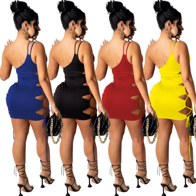 

Hollow Out Dress Designers Clothes 2021 Fashion One Shoulder Strap Solid Color Skirt Sexy Women Dresses, Black;gray