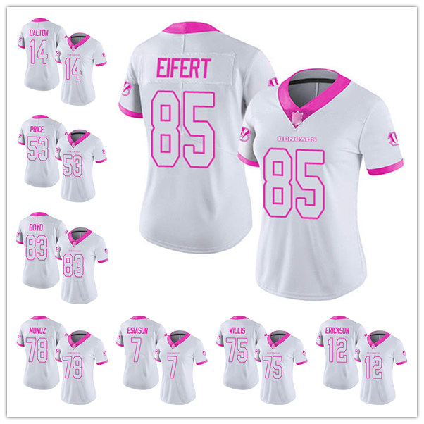 

Cincinnati Bengals Jersey WOMEN 28 Joe Mixon 15 John Ross 18 A.J. Green Limited Jersey Football White Pink Rush Fashion