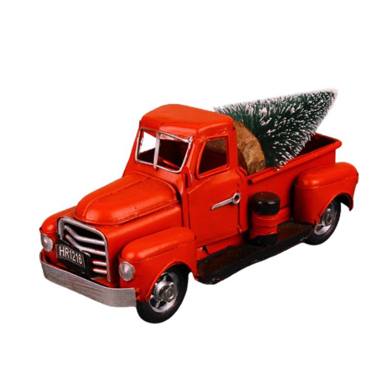 

Christmas Decorations Truck Model Vintage Red With Mini Trees Retro Metallic Pickup Car For Table