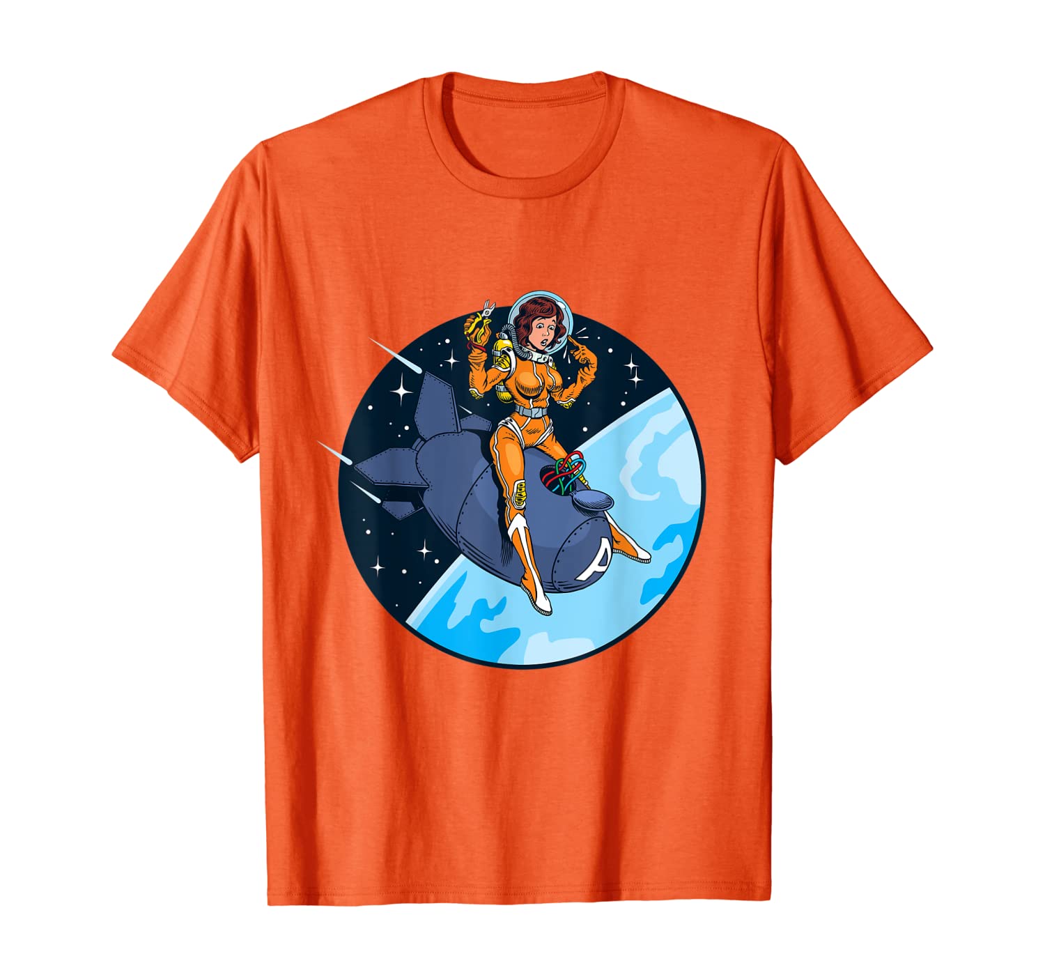 

Woman on Bomb in Space Comic Retro Vintage Graphic T-Shirt, White;black