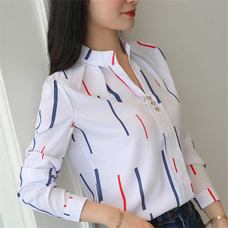 

Large Sizes Casual Women Summer Chiffon Blouses Shirts Ladies Nine Quarter Sleeve V-neck Plaid Blouse Tops blusa feminino DF1182 210609, Red stripe