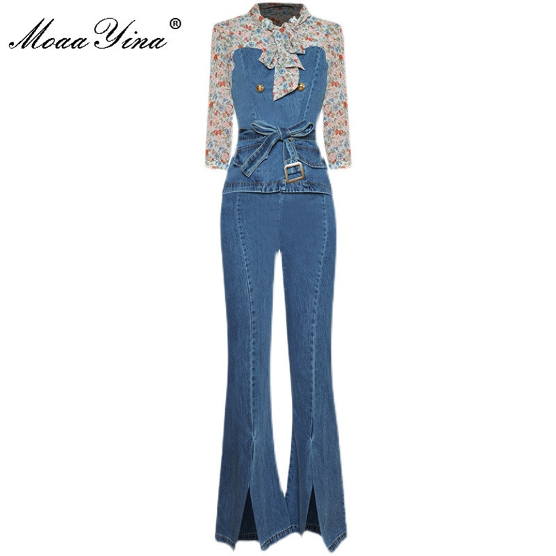 

Fashion Set Spring Women's Lantern Sleeve Bow collar Floral-Print Tops+Trousers Cowboy Two Pieces 210524, Apricot