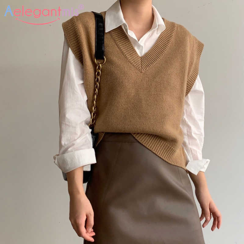 

Aelegantmis Korean Style Casual Sweater Vest Women Soft Warm V Neck Loose Sleeveless Knitted Retro All Match Tank Tops Chic 210607, Khaki
