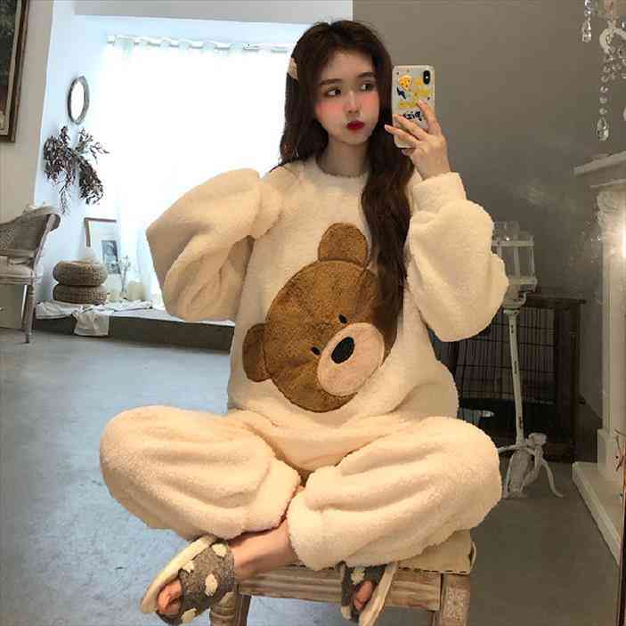 

Flannel Pajamas Ladies Warm Casual Lovely Bear Cartoon Coral Fleece Pyjamas Winter Women Long Sleeve 2 Piece Sleepwear Sets, Black;red