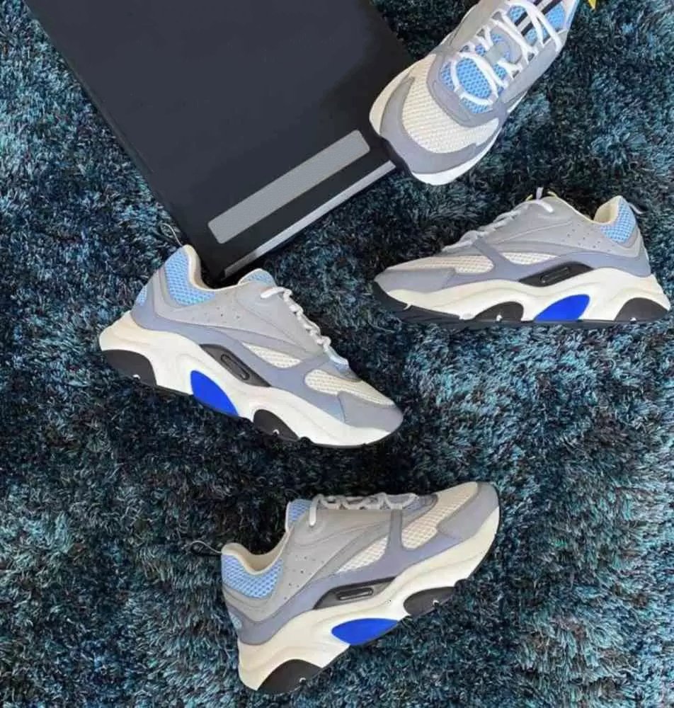 

B22 Sneaker Vintage Running Shoes Low-Top Grey Leather Blue Mesh Lace-Up Rubber Sole Casual Chunky Sneakers 22 Luxurys Designers Shoe, 01