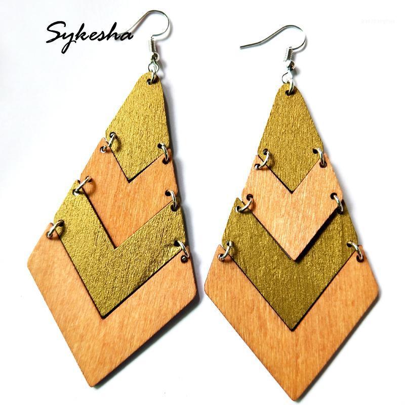 

Fashion Statement Geometric Wood Earrings For Women Geometry Spliced Gold Printed Dangle Earring Ethnic Jewelry Gifts & Chandelier, Silver