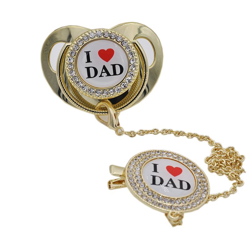 

Pacifiers# Luxury Pacifier Bling With Chain Clip Born Infant Food Grade Silicone Dummy Nipples For Baby Shower Gift I Love Dad Chupetes