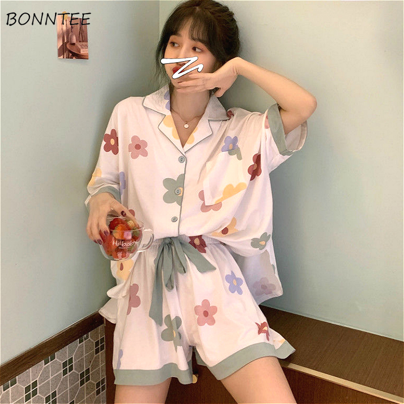 

Pajama Sets Women Summer Ins Korean Lovely Floral Printed Half Sleeve Girls Homewear Loose Daily Sweet Fashion Ladies Sleepwear