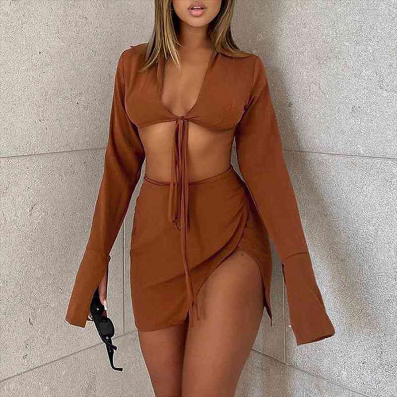 

Sexy Cut Out Blouse Dress Sets Women Shirt Crop Top And Mini Skirt Suits Autumn Party Long Sleeve Bodycon Skirts, Gray