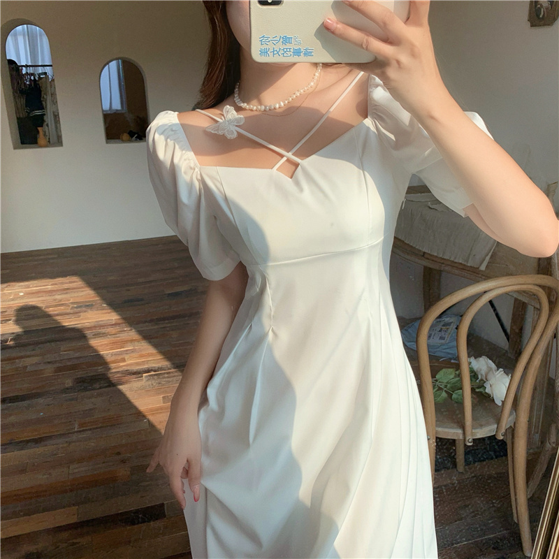 

Women Casual Sexy Design Vintage Short Sleeve Midi Dress Female Solid Slim Party Dress Korean Summer 210518, Photo color
