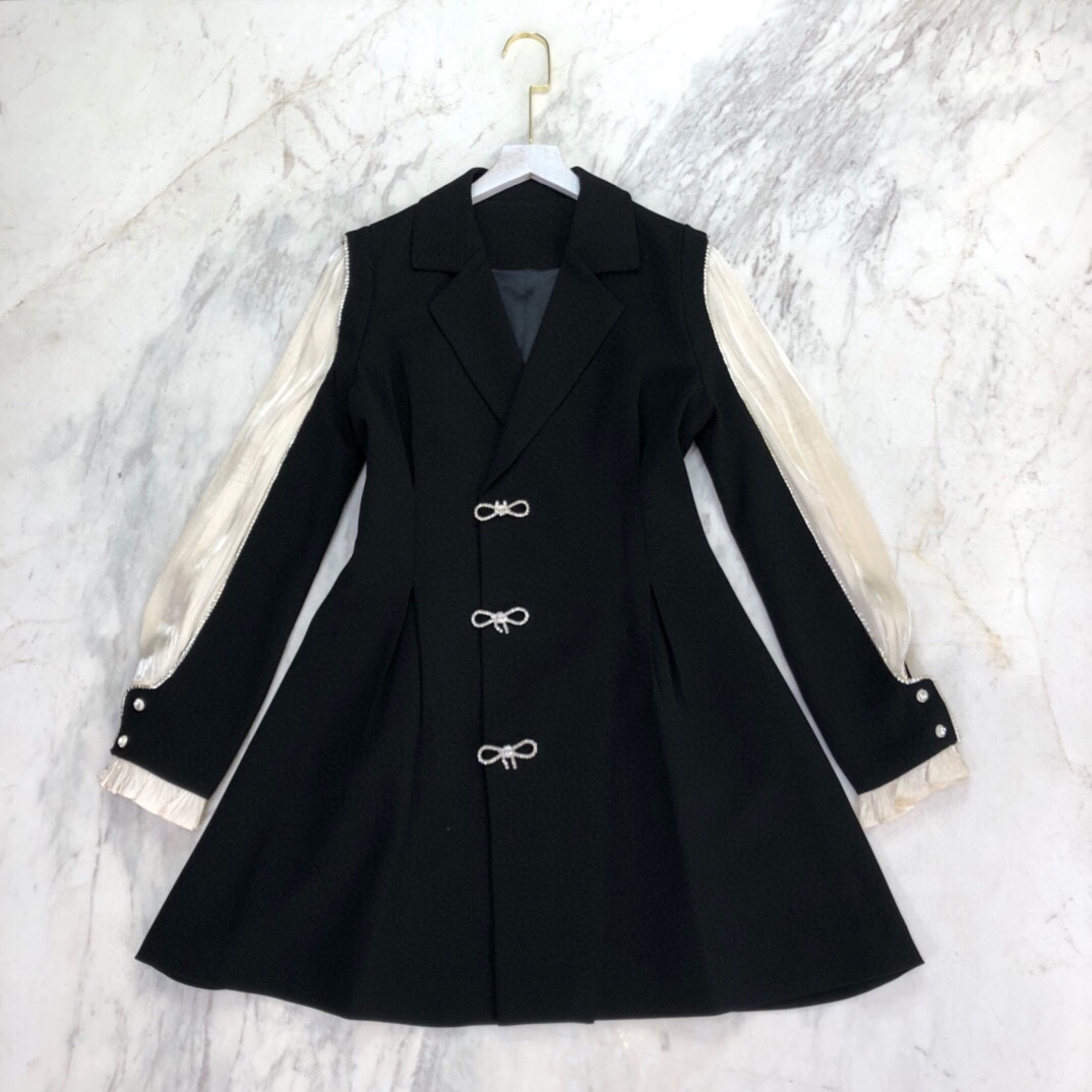 

2021 FW Black Lapel Neck Blazer Dress Designer Long Sleeves Bow Office Dresses Milan Runway Buttons Pleats Vestidos De Festa 81701