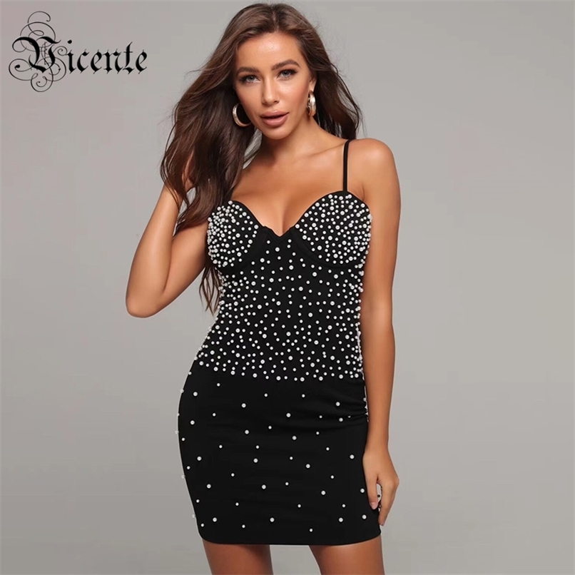 

Trendy Pearl Design Black Mini Dress Sexy Sleeveless V Neck Celebrity Party Bandage Slip 210520