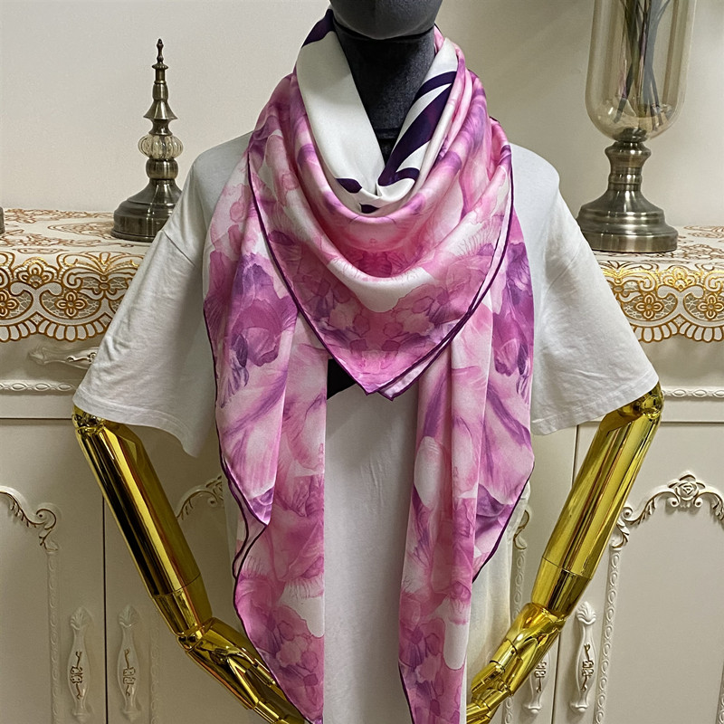 

New style women's square scarf scarves good quality 100% twill silk material pink color pint letter flowers pattern size 130cm - 130cm, Blue;gray