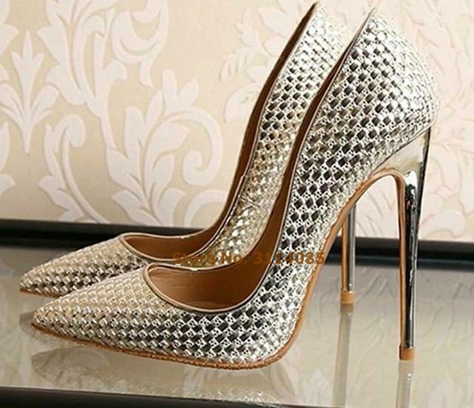 

Dress Shoes Designer Gold Silver Embossed Stiletto Heels Pumps Shallow Pointed Toe Fretwork Slip-on Wedding Sexy Nightclub, Silver as picture
