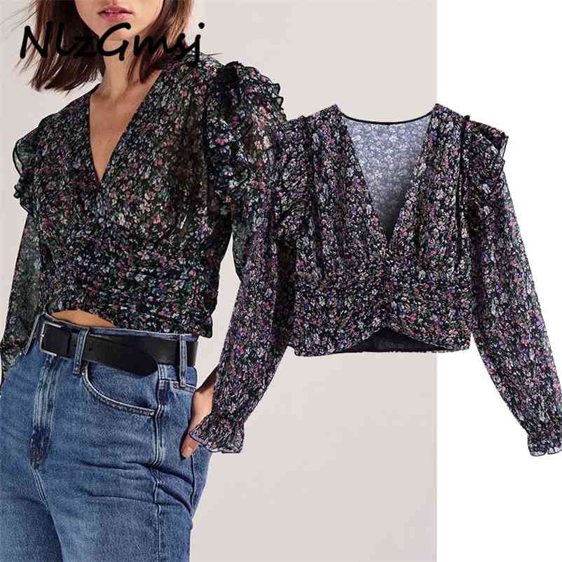 

Blouse Women Fashion Floral Print Ruffled Chiffon Blouses Vingta V Neck Long Sleeve Transparent Female Chic Tops 210628, As picture