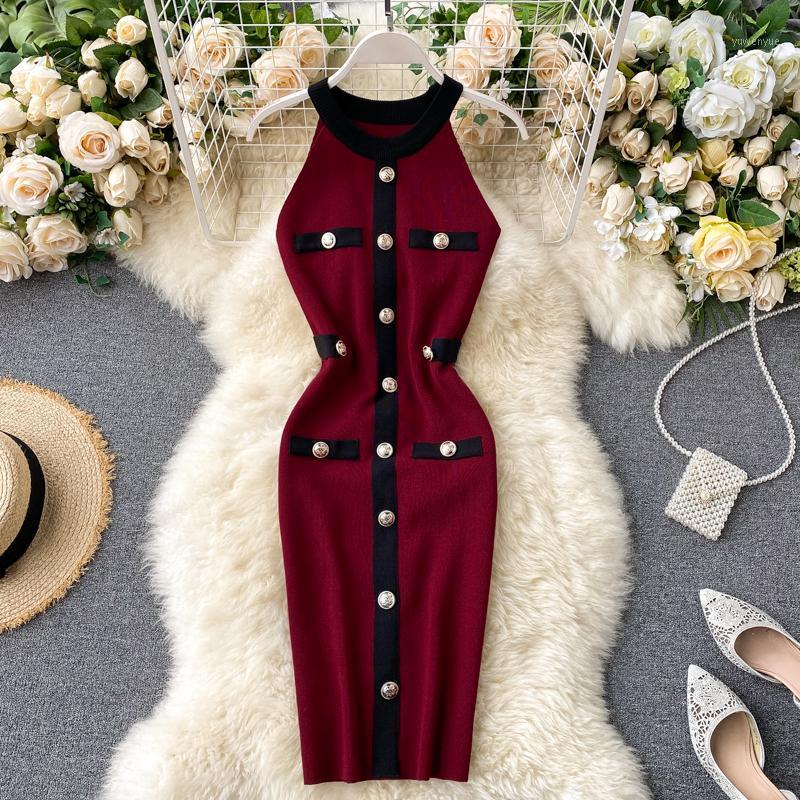 

Casual Dresses Amolapha Women Knit Buttons Dress Vestidos Sleeveless Sexy Woman Knitted Summer, Black