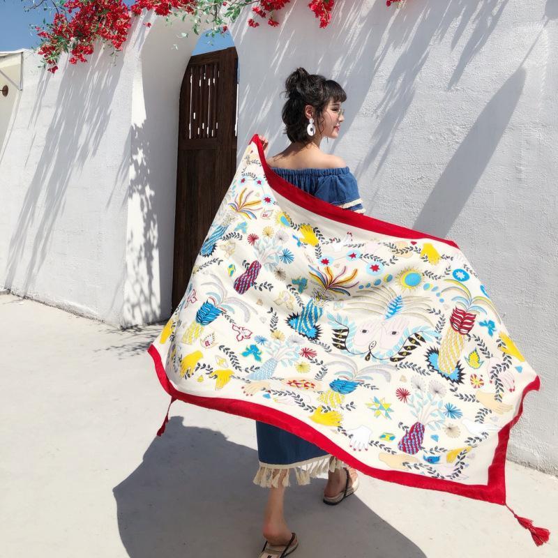 

Scarves Oversize Sunscreen Pareo Beach Shawl Scarf Summer Cotton Linen Floral Printing Women, Blue;gray