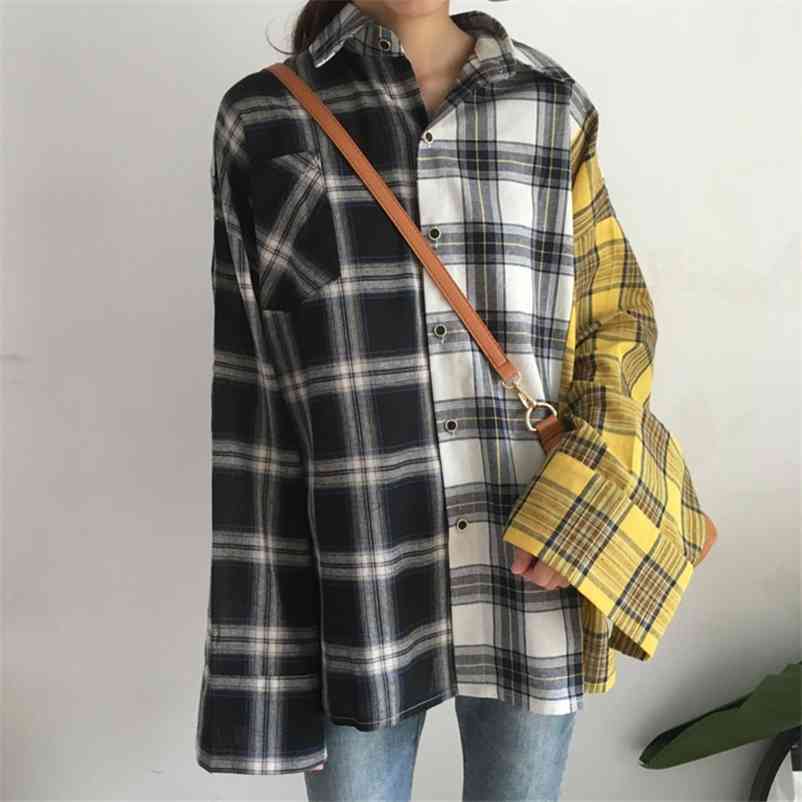 

Paris Girl Plaid Shirt Loose Women Streetwear Patchwork Blouse Korea Fashion Plus Size Casual Spring Autumn Long Sleeve Top 210524, Picture color