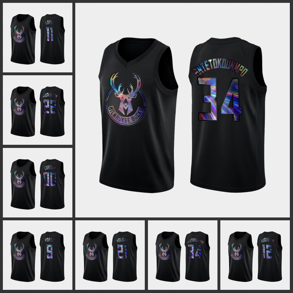 

Milwaukee's Bucks's Men Jersey Giannis Antetokounmpo Jrue Holiday Bobby Portis Khris Middleton Custom Black Iridescent Holographic Limited