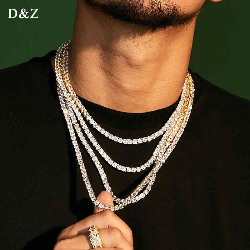 

D&Z 3MM-6MM Spring buckle Iced Out Full Cubic Zircon 1 Row Tennis Chain Necklace Gold Silver Color Hip Hop Jewelry X0509