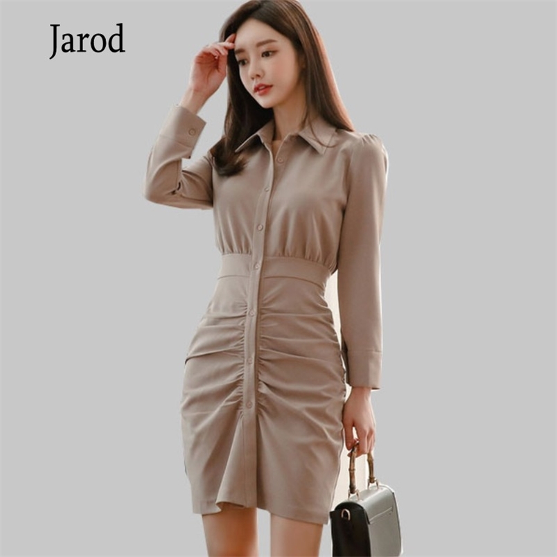 

Korea fashion Single-breasted Ruched Shirt Dress Women Spring OL Turn-down Collar Work Wear Solid Color Pencil Vestidos 210519, Picture color