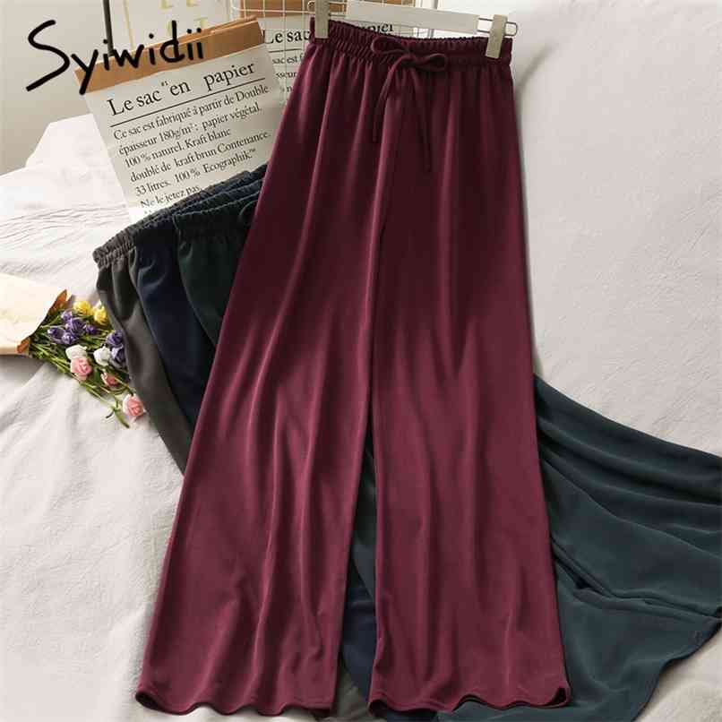 

Vintage Lace Up Elastic High Waist Pants Women Casual Solid Loose Trousers Summer Korean Fashion Wide Leg Pant 210607, Tree red