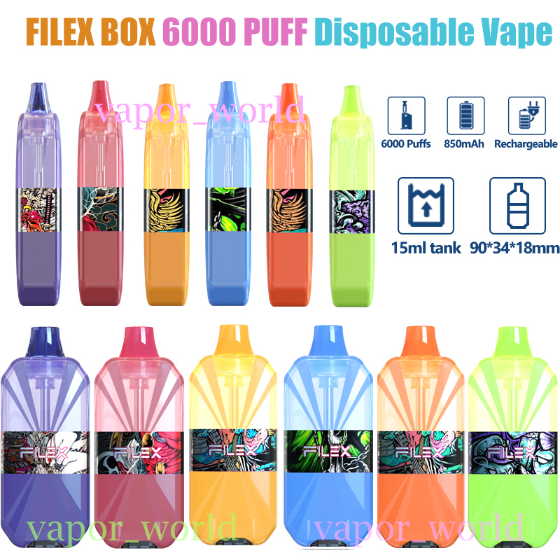 

Authentic Filex Box 6000 Puff Disposable Vape E Cigarette 850Mah Rechargeable Battery 15ML I ndependent Pods Device VS RandM Dazzle Tornada