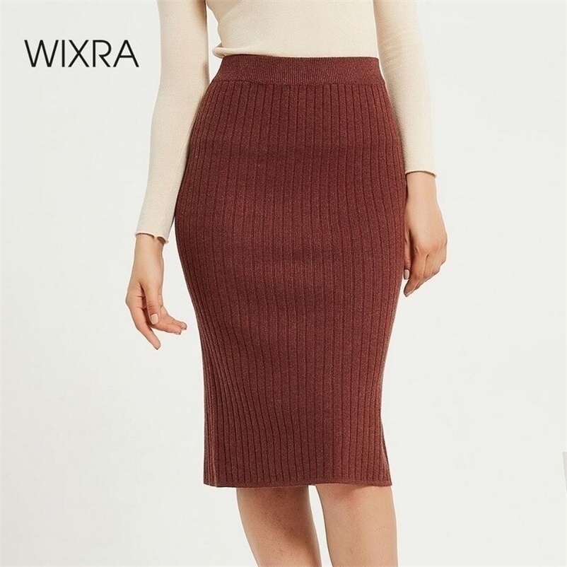Wixra Womens Knitted Skirts Slim Solid Basic Ladies High Waist Knee-length Skirt Streetwear Autumn Winter Hot 210412Z