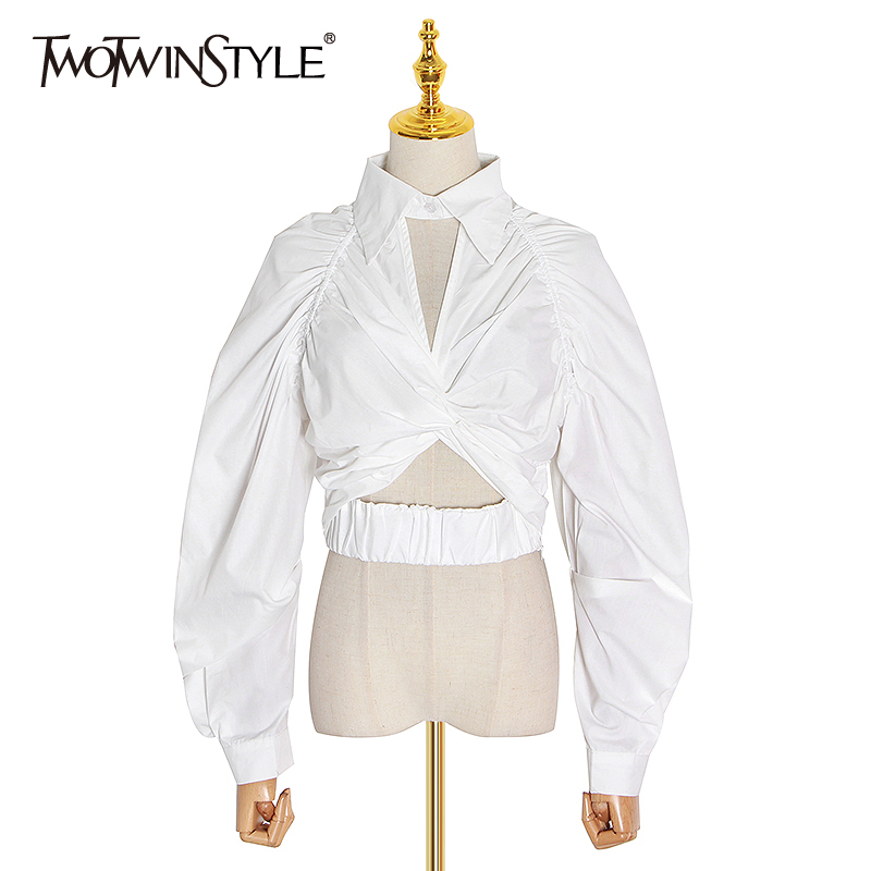 

TWOTWINSTYLE Casual Ruched Women Blouse Lapel Collar Lantern Long Sleeve Hollow Out Short Shirt Female Fashion Clothing 2021 New, Black