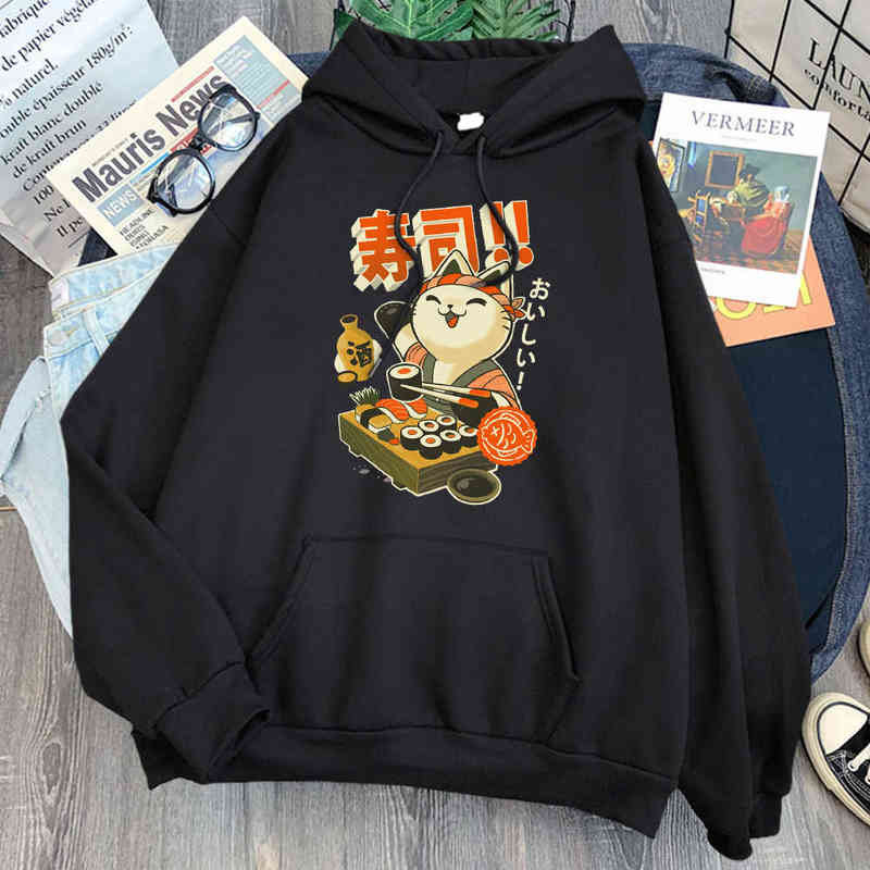 

Sushi Chef Cat Print Hoodies Man Causal Sweatshirts Winter Long Sleeve Pocket Hip Hop Streetwear Hooded Japan Anime Clothes Mens H1227, Black