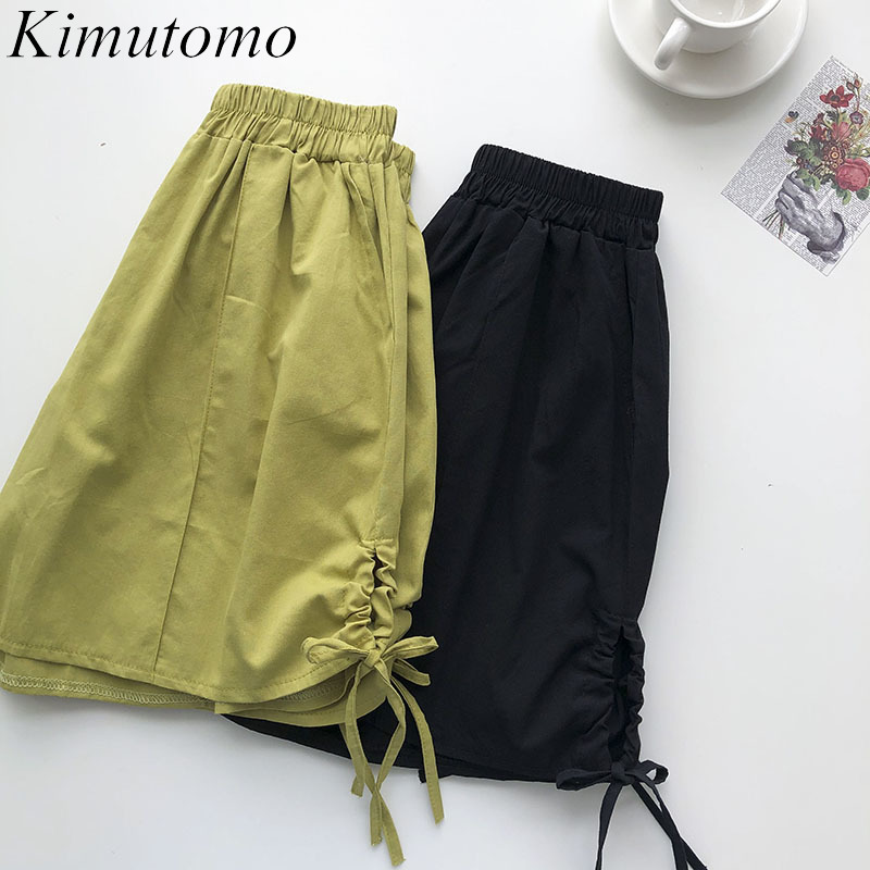 

Kimutomo Women High Elastic Waist Shorts Spring Summer Korean Style Female Loose Lace Up Wide Leg Bottoms Casual 210521, Green