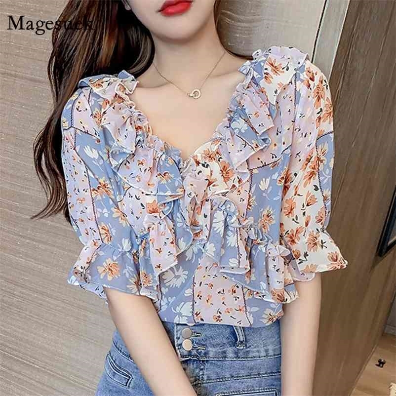 

Summer Chiffon Blouse Women V-neck Short Sleeve Elegant Floral Shirt Ruffled Casual Loose Slim Fit Tops Femme 10131 210518, Pink