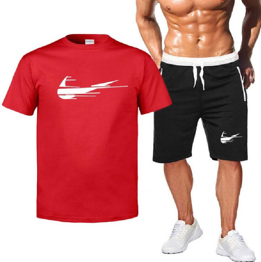 

Summer 2021 Fashion Leisure brand Men' Tracksuit Sportswear Track Suits Sweatsuit Thin Short Sleeves T shirt + Pants 2 piece set
