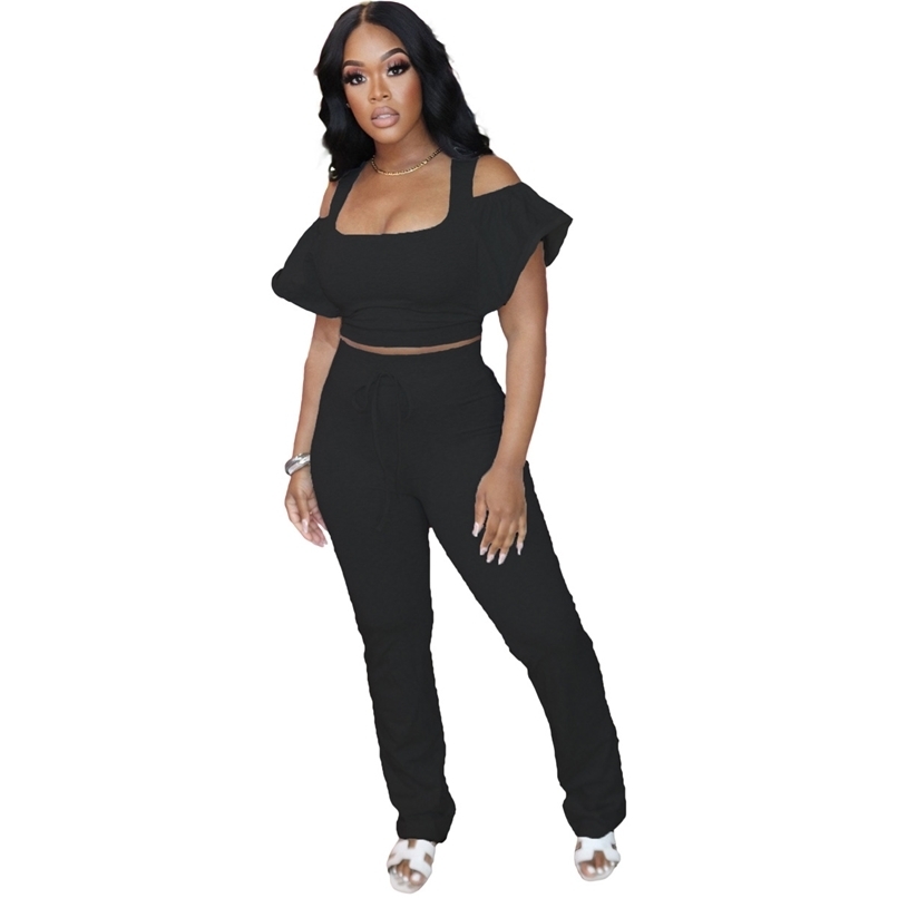 

Spring Pant Office Women Sets Clothes Solid Color Match Pullover Top + Trousers Night Sports Club 2 Pieces Outfits 210525, Black