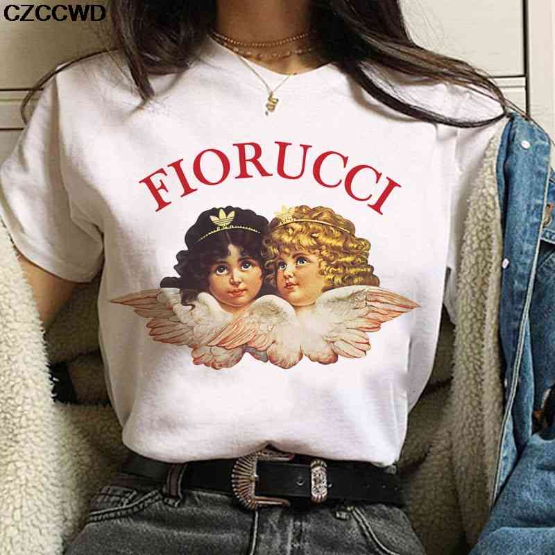 

New Cute Angel Baby Korean Vogue T-shirts Clothing Women Oversized Fiorucci Letter Print Fun T-shirt Harajuku O-neck Loose Tops, White