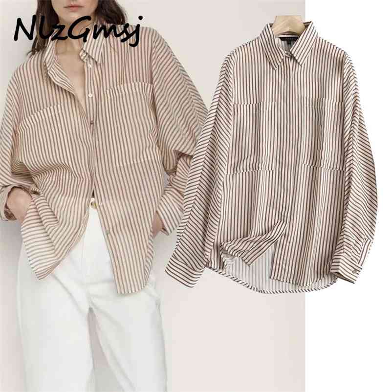 

Women Summer Blouse Stripe Long Sleeve Loose Top Clothing Casual Pocket Chic Buttons Female Shirt 05 210628, As picture
