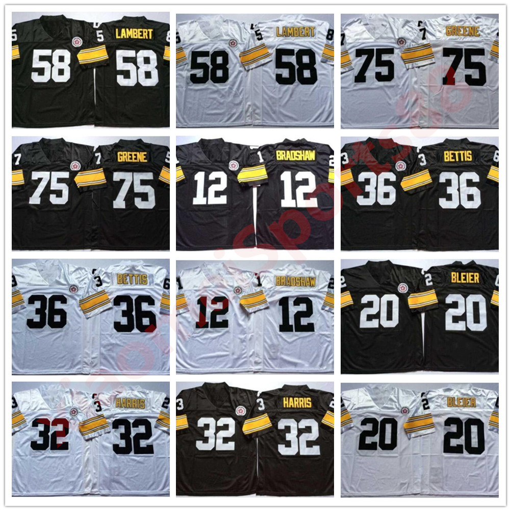 

12 Terry Bradshaw 20 Rocky Bleier 32 Franco Harris 36 Jerome Bettis 58 Jack Lambert 75 Joe Greene White Black Home Away Jerseys, As shown in illustration