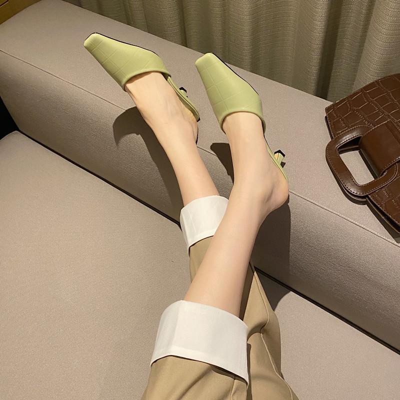 

Slippers Low Shoes Ladies' Slipers Women Cover Toe Heeled Mules Med 2021 High Thin Rubber Rome Pumps Fabric PU Slides Basic