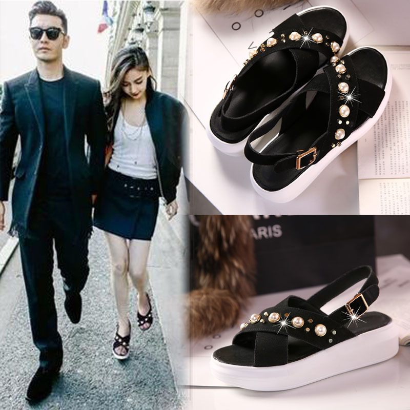 

Sandals Spring and summer Pearl sandals women's thick soled Korean female students black buckle versatile muffin heel shoes 1PDM, 1# shoe box