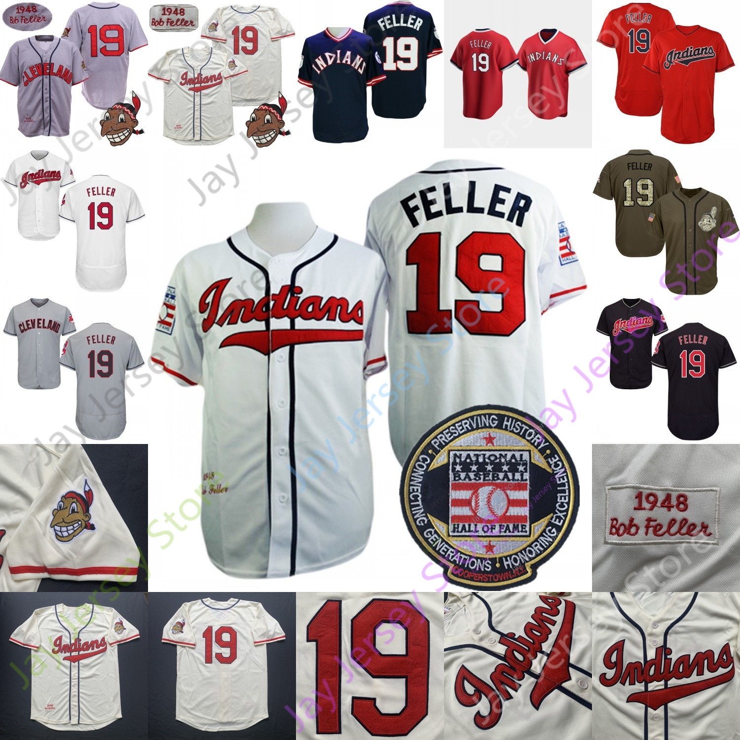 

Bob Feller Jersey Vintage 1948 White Coperstown Cream Grey Navy Red Player Pullover Hall Of Fame Patch Salute to Service All Stitched Size S-3XL, 1948 grey