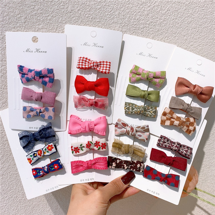 

3 Pcs New Sweet Girl Baby Cute Small Duckbill Clip Kids Hair Accessories Fashion Children Plaid Floral Fabric Bow Duckbill Clip, Multi-color